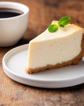 Cheesecake and cup of coffee on wooden table. Coffee and cake. Horizontal view © Vladislav Noseek - stock.adobe.com